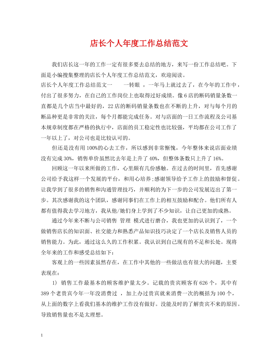 店长个人年度工作总结范文 _第1页