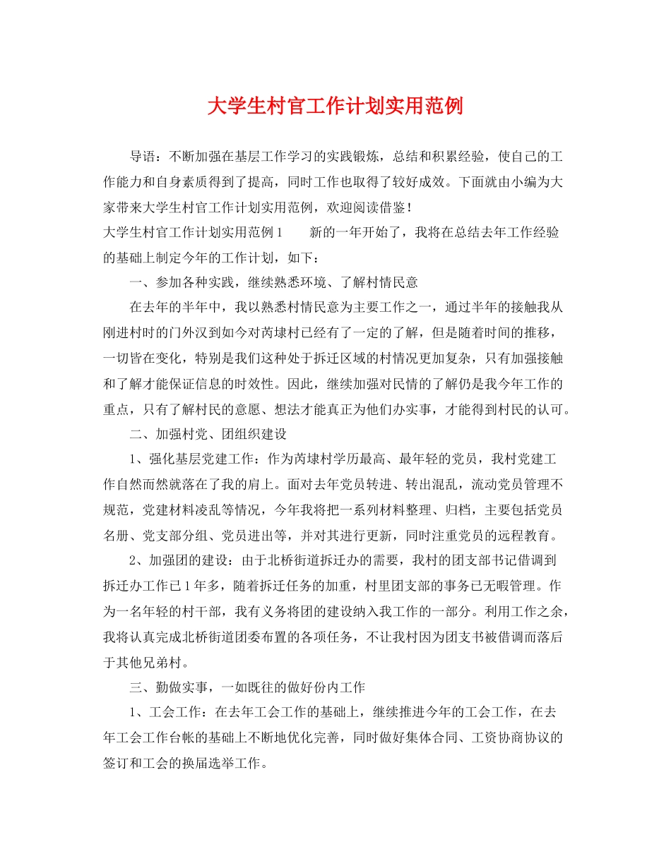大学生村官工作计划实用范例 _第1页