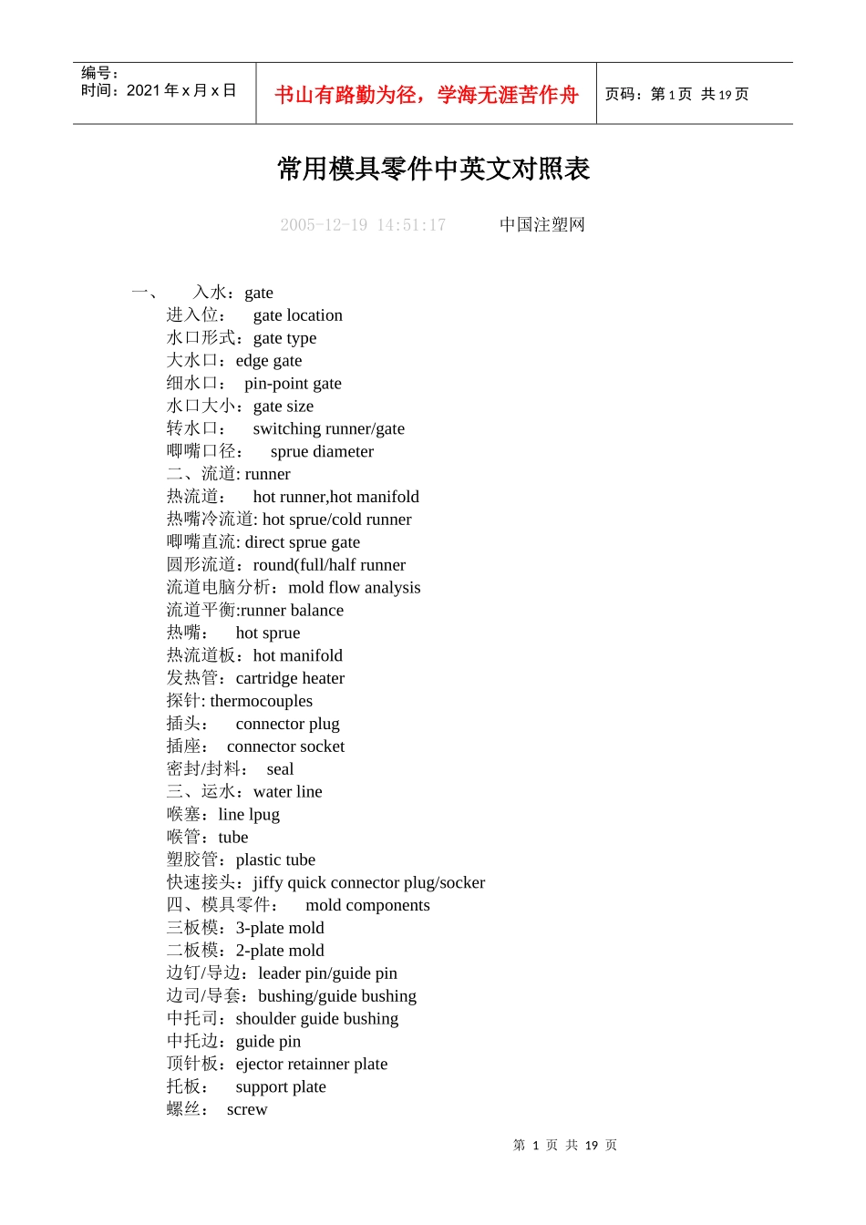 常用模具零件中英文对照表_第1页