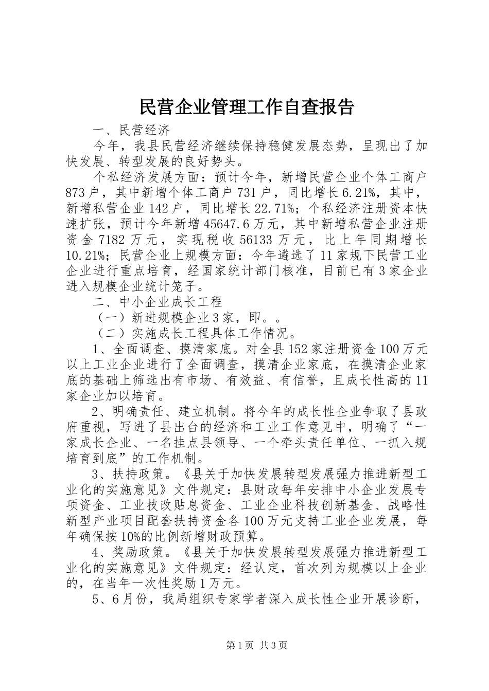 民营企业管理工作自查报告_第1页