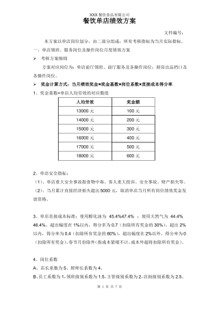 餐饮单店绩效方案