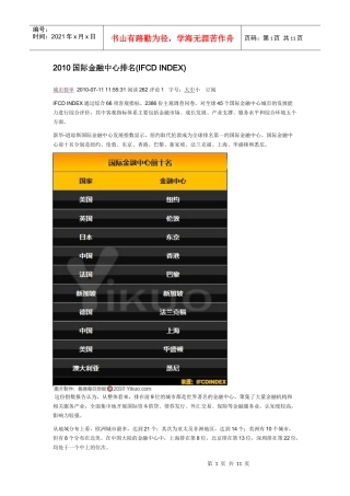 国际金融中心排名