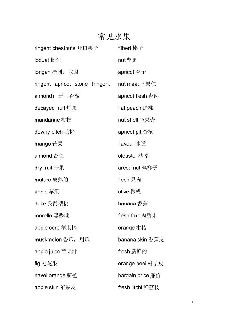常见各类英文单词(水果、蔬菜、食物、饮料、工具)_第1页