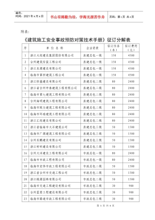 建筑施工安全事故预防对策技术手册征订分解表