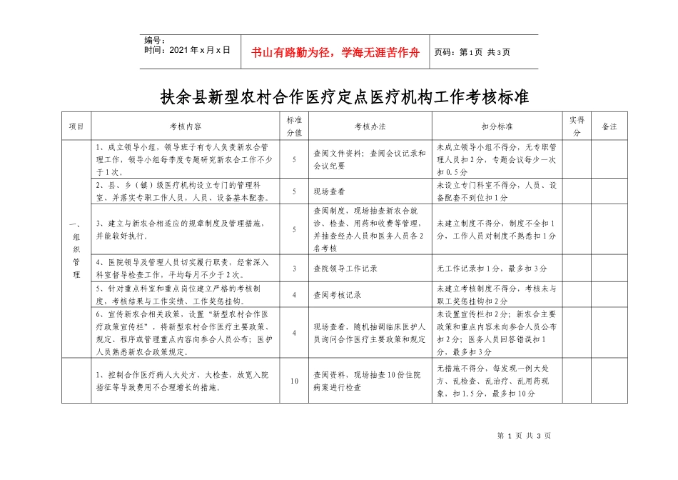 扶余县新型农村合作医疗定点医疗机构工作考核标准_第1页