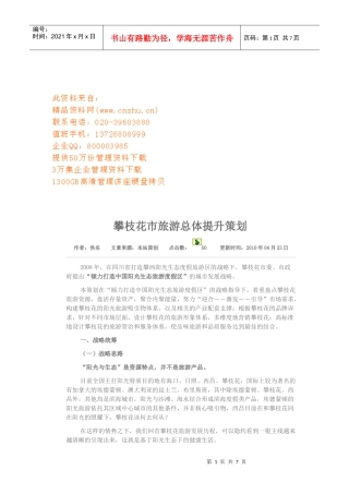 攀枝花市旅游总体提升策划方案