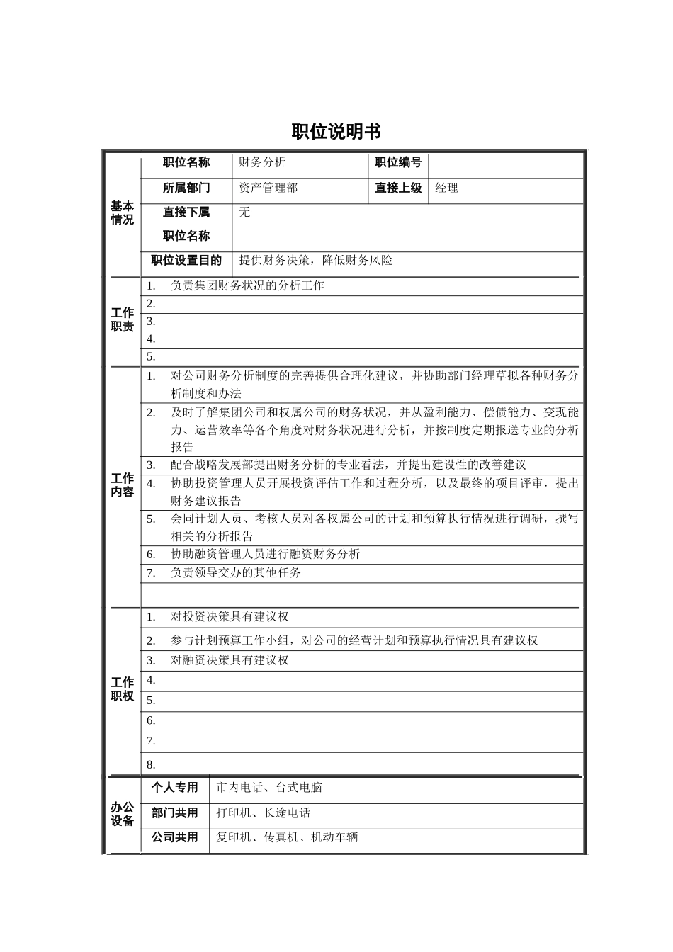 资产管理部-财务分析职位说明书_第1页