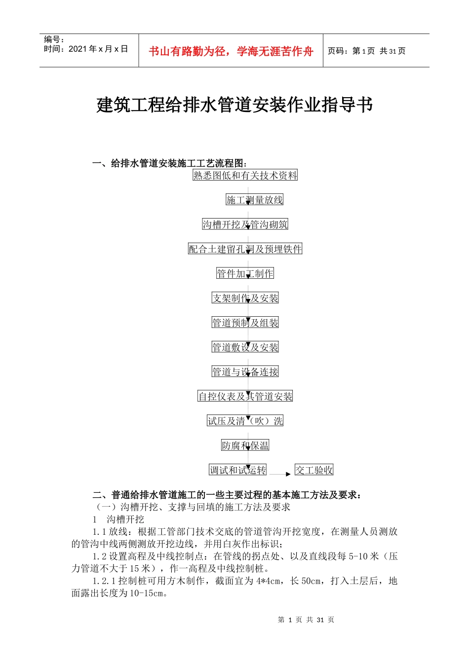 建筑给排水管道安装作业指导书_第1页