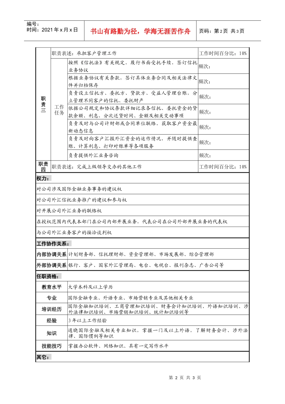 投资公司国际金融部客户管理专责职务说明书._第2页
