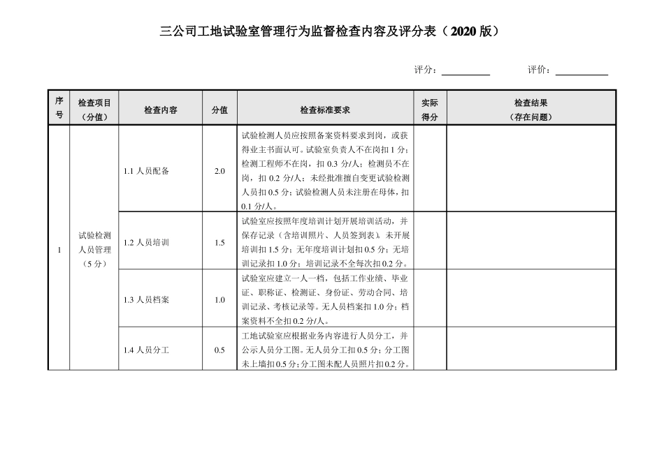 公司工地试验室管理行为监督检查内容及评分表2020版_第1页