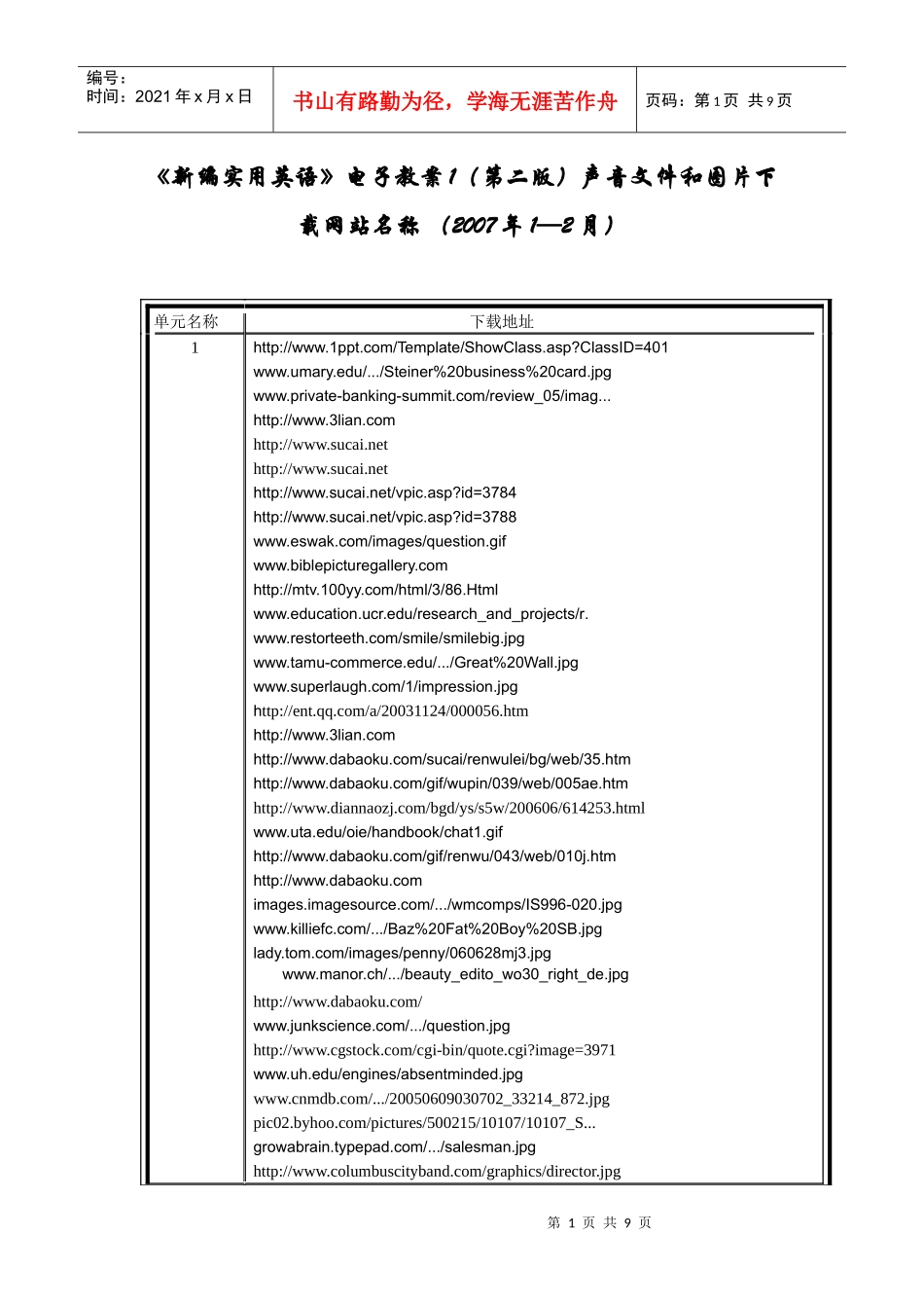 新编实用英语电子教案1(第二版)歌曲和图片出处网站名称_第1页
