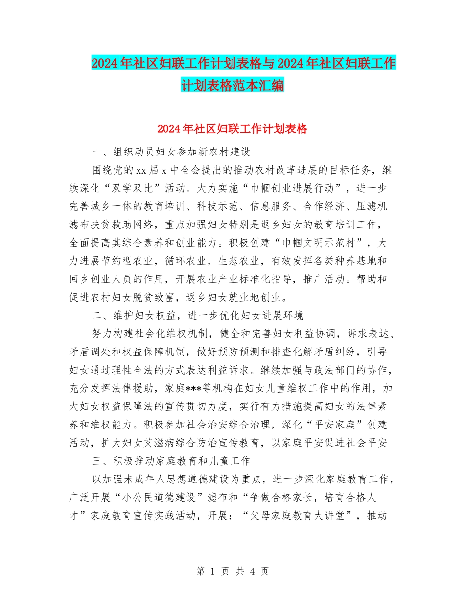 2024年社区妇联工作计划表格与2024年社区妇联工作计划表格范本汇编_第1页