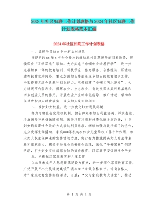 2024年社区妇联工作计划表格与2024年社区妇联工作计划表格范本汇编