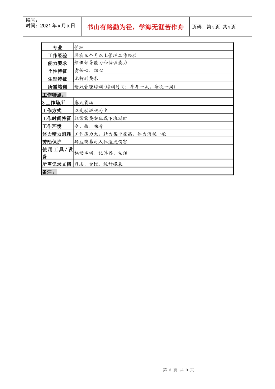 啤酒企业新瓶保管员岗位说明书_第3页