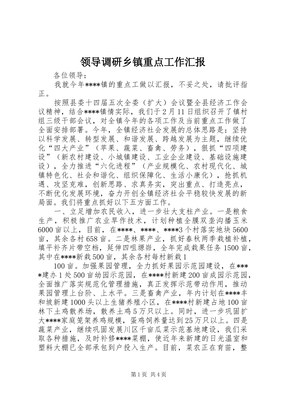 领导调研乡镇重点工作汇报_第1页