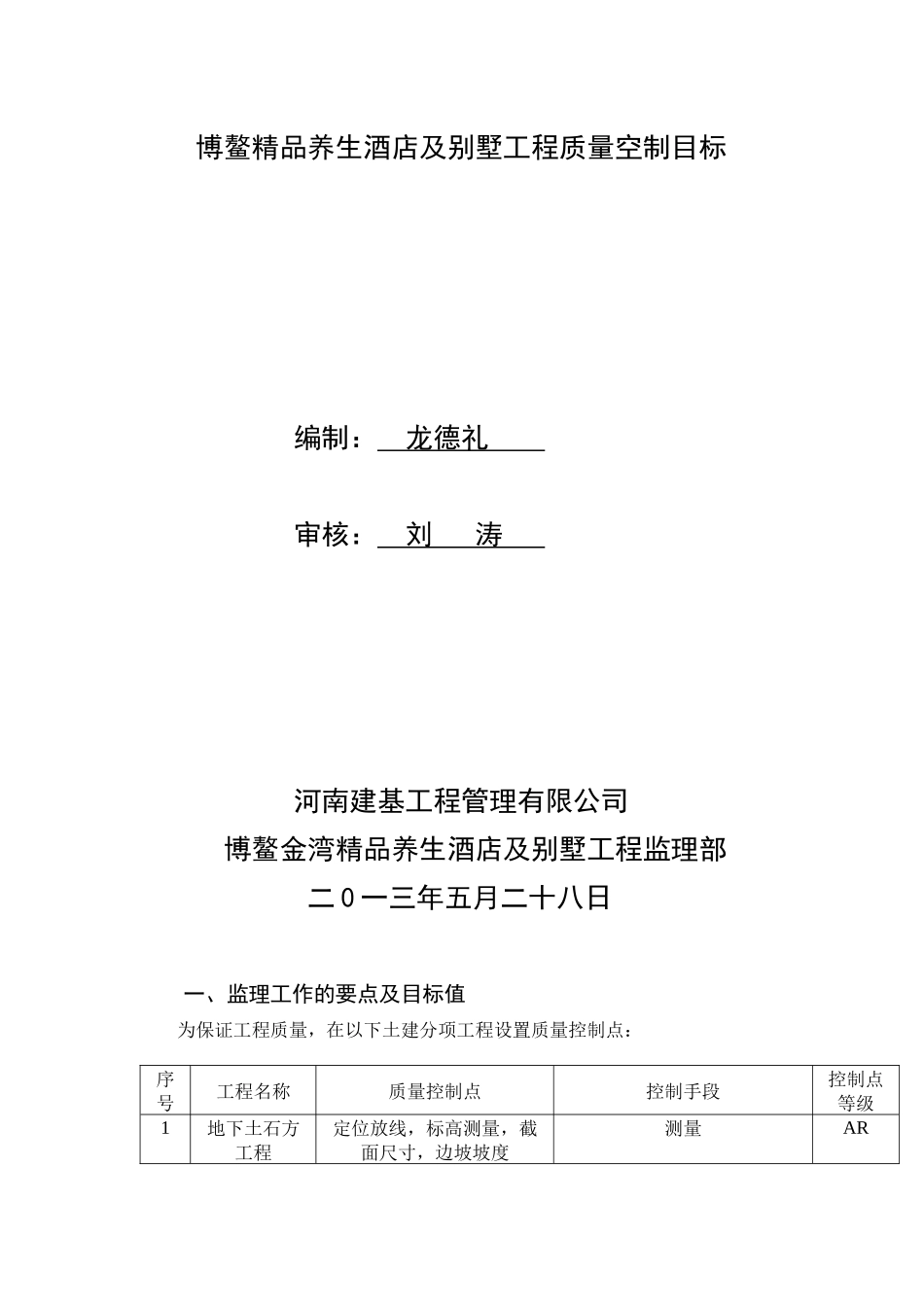 博鳌精品养生酒店及别墅工程质量空制目标_第1页