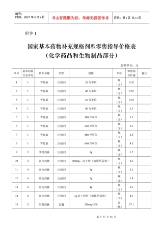 国家基本药物补充规格剂型零售指导价格表