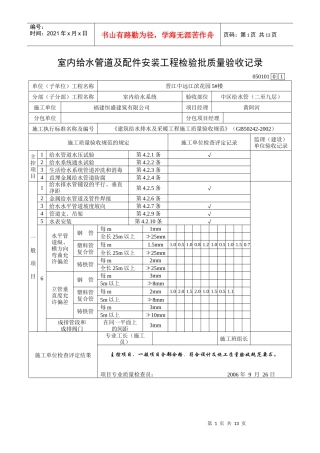 室内给水管道及配件安装工程检验批质量验收记录