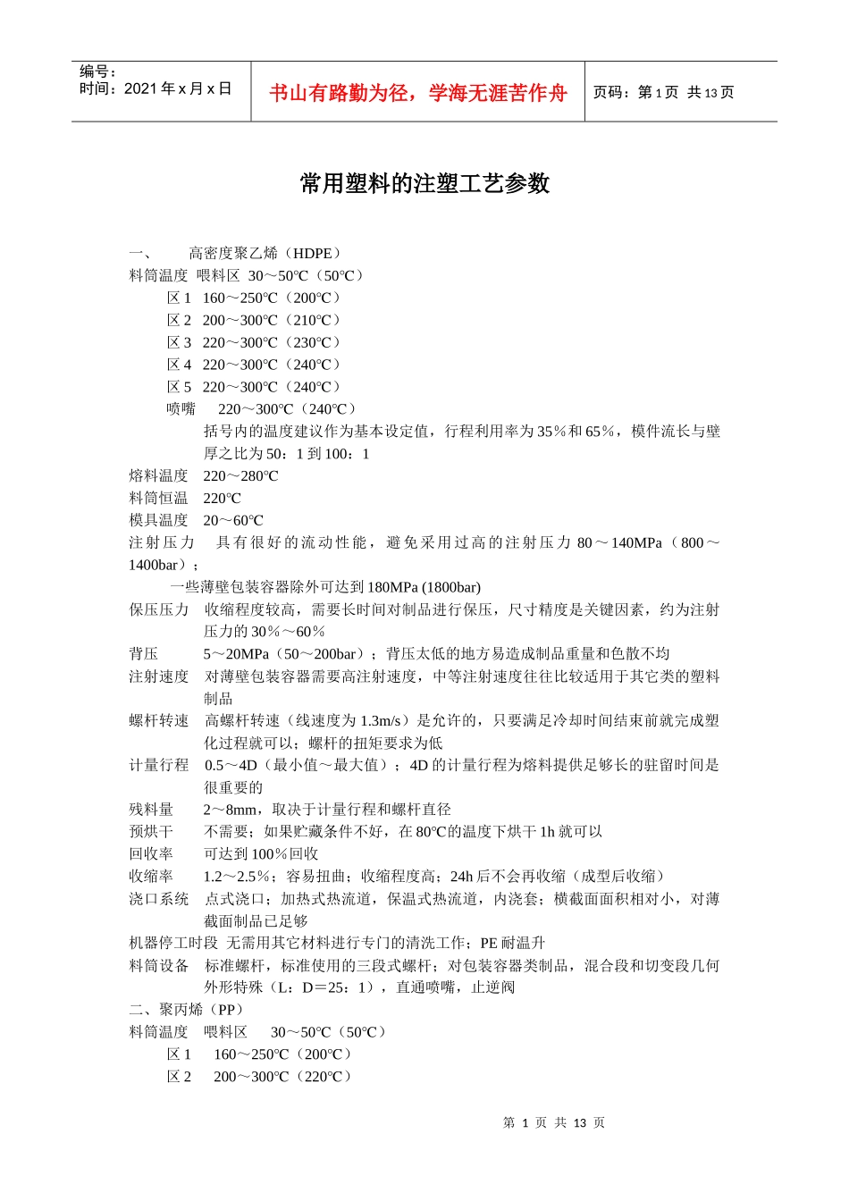 常用塑料的注塑工艺参数_第1页