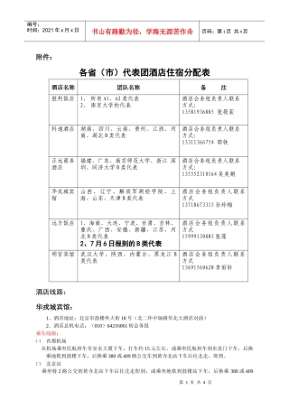 各省市代表团酒店住宿分配表