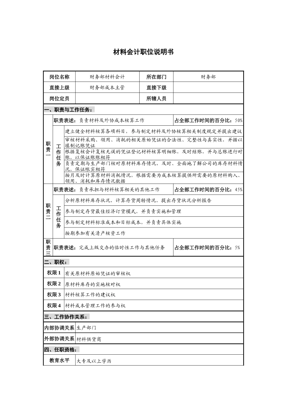 仪器生产企业材料会计职位说明书_第1页