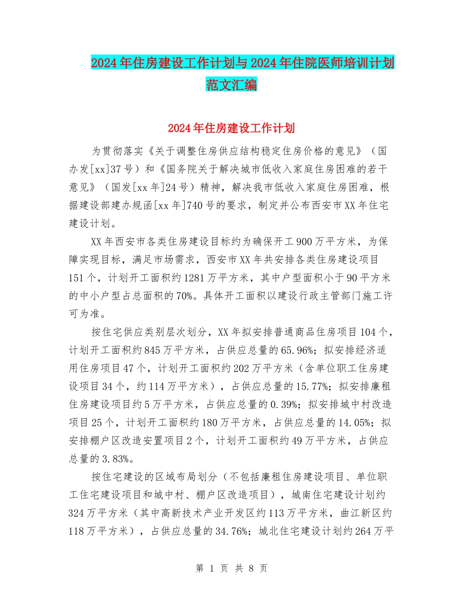 2024年住房建设工作计划与2024年住院医师培训计划范文汇编_第1页