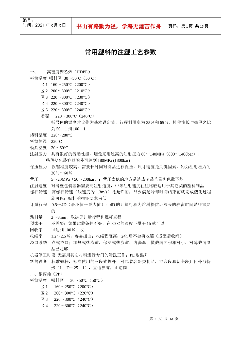 常用塑料注塑工艺参数5764890641_第1页