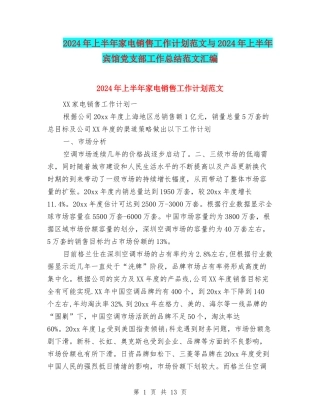 2024年上半年家电销售工作计划范文与2024年上半年宾馆党支部工作总结范文汇编