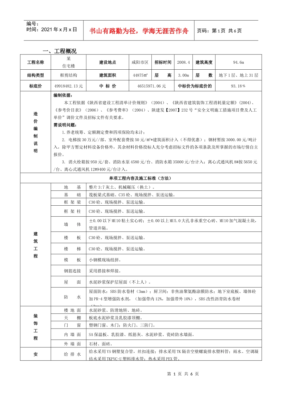 咸阳某31层住宅造价_第1页