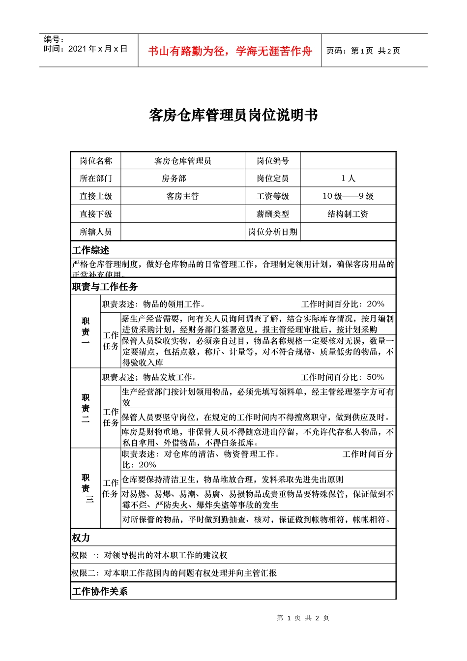 客房仓库管理员岗位说明书_第1页