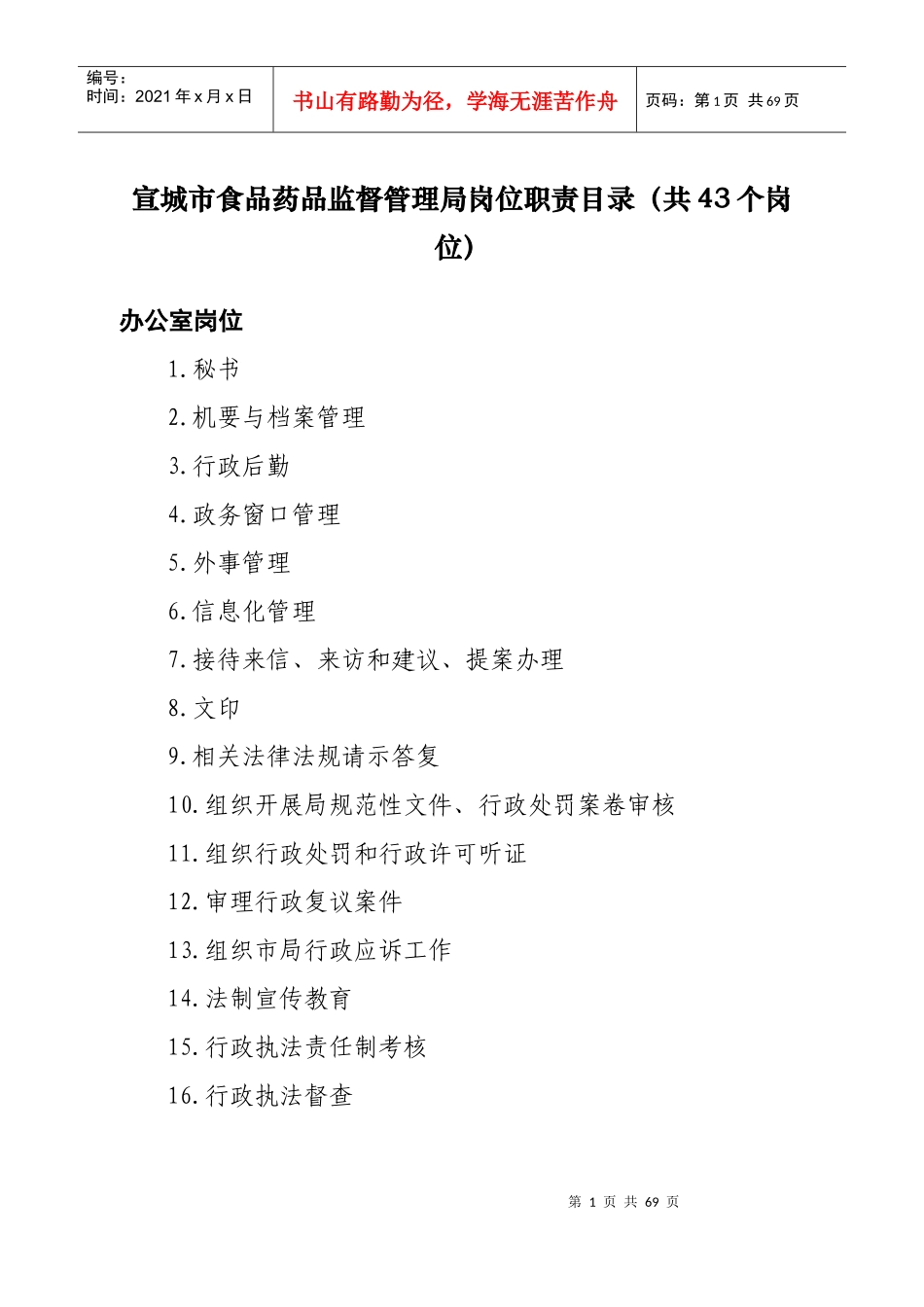 宣城市食品药品监督管理局岗位职责目录(共43个岗位)_第1页