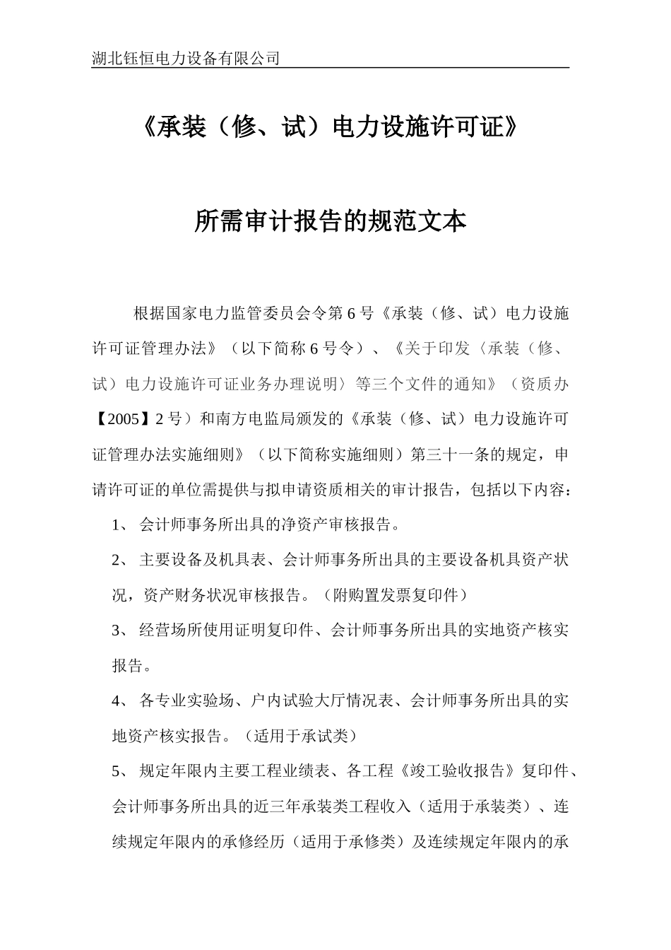 广东省电力承装修试设施许可证审计报告规范文本_第1页