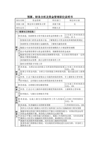 预算、财务分析及资金管理职位说明书