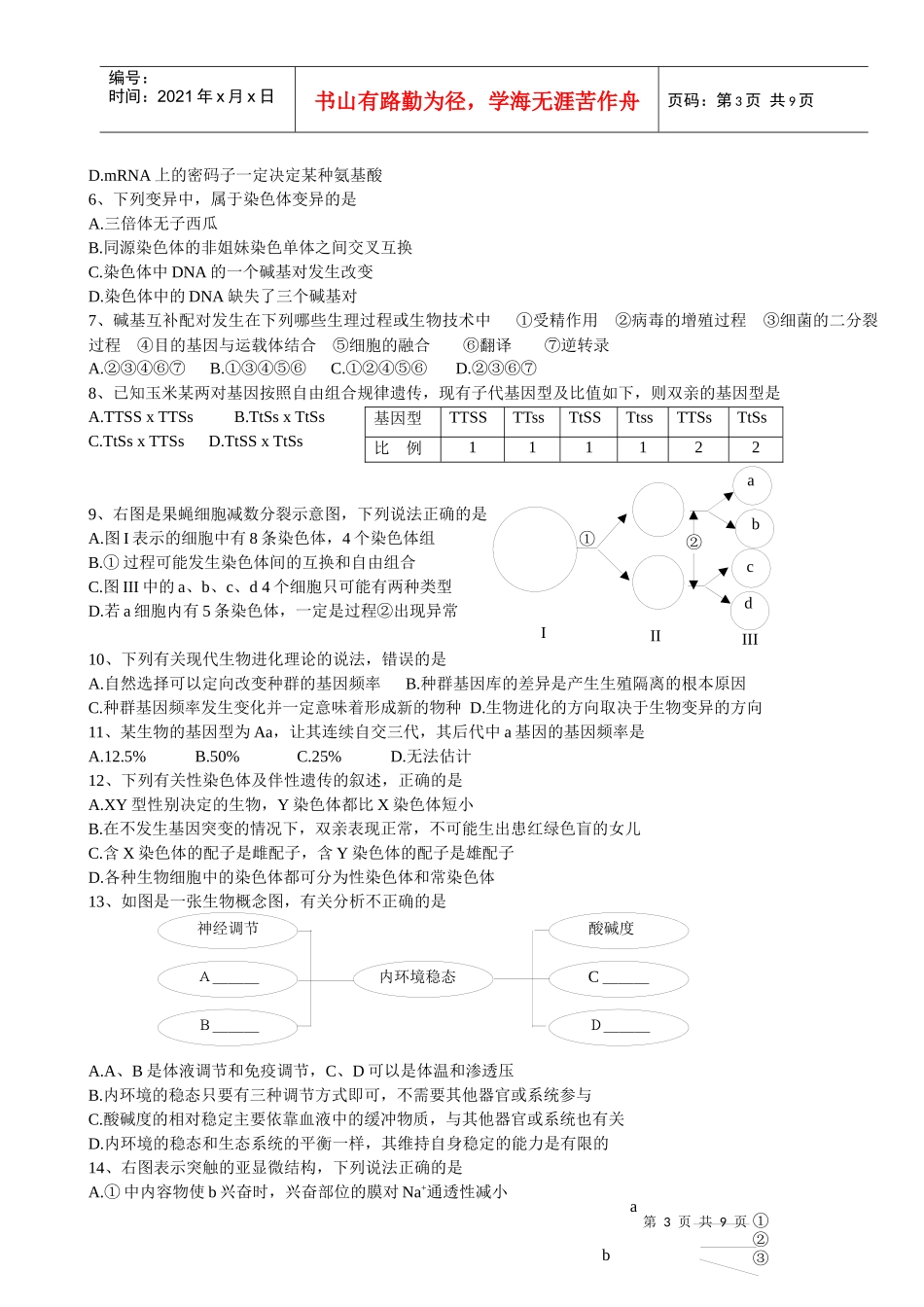 南昌市高三年级生物调研测试卷_第3页