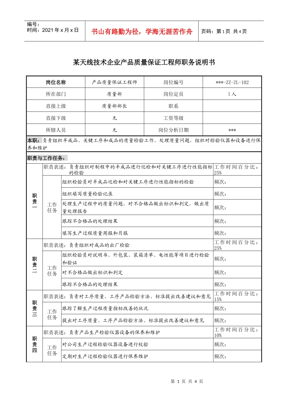 天线技术企业产品质量保证工程师职务说明书_第1页