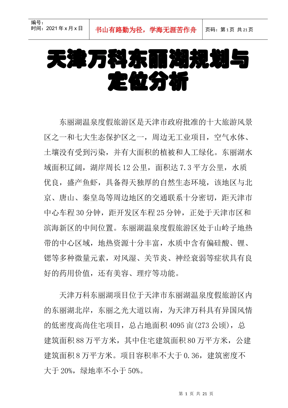 天津某地产某项目规划及定位分析_第1页