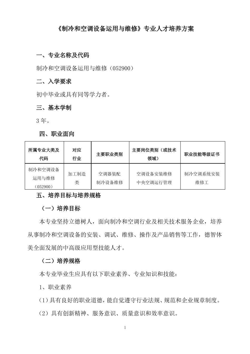制冷和空调设备运用与维修专业人才培养方案_第1页