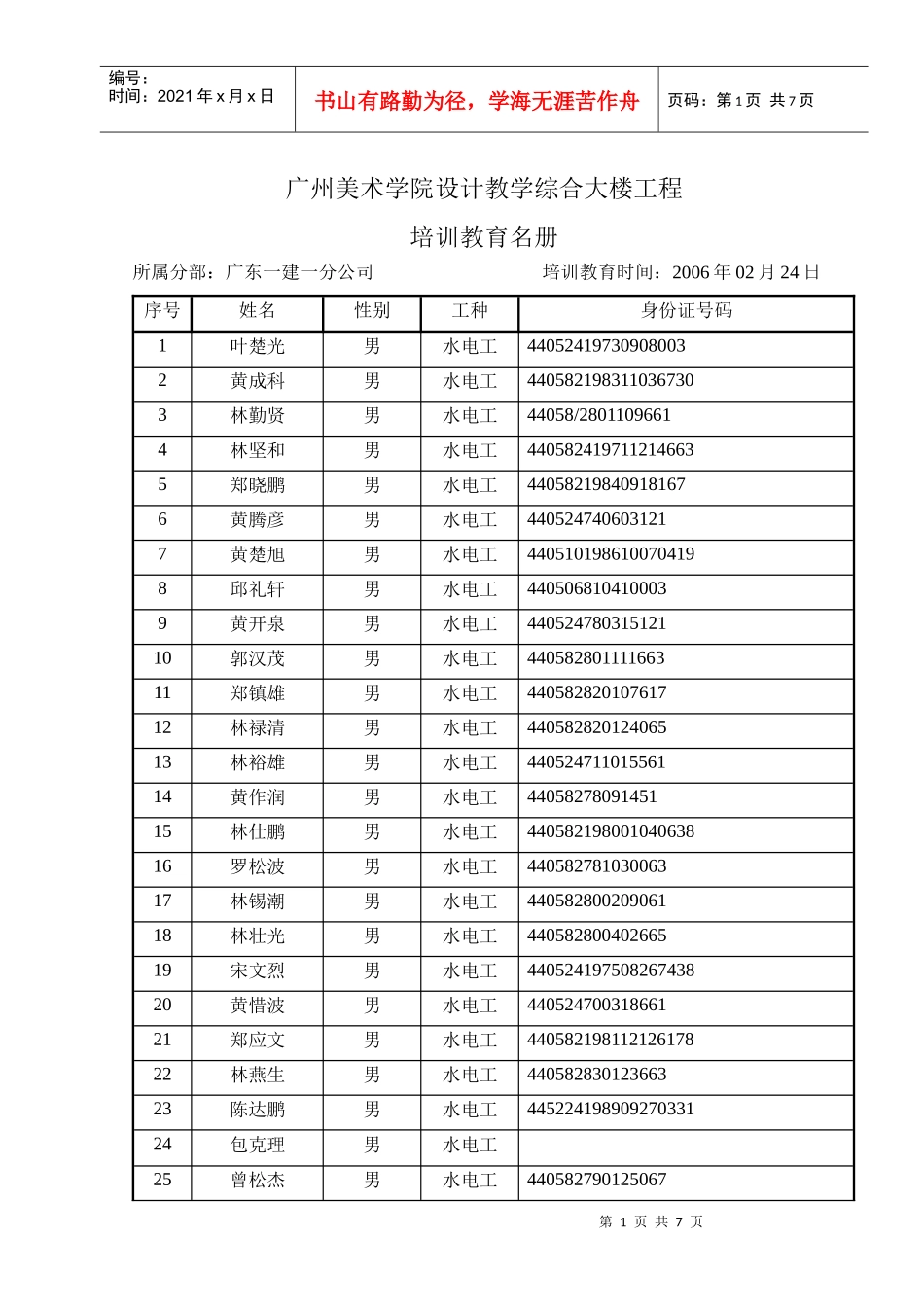 广州美术学院设计教学综合大楼工程（培训教育名册）_第1页