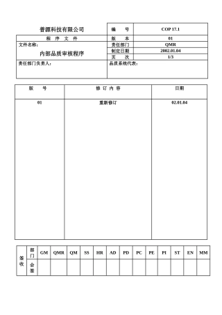 质量体系编写表格COP17-1