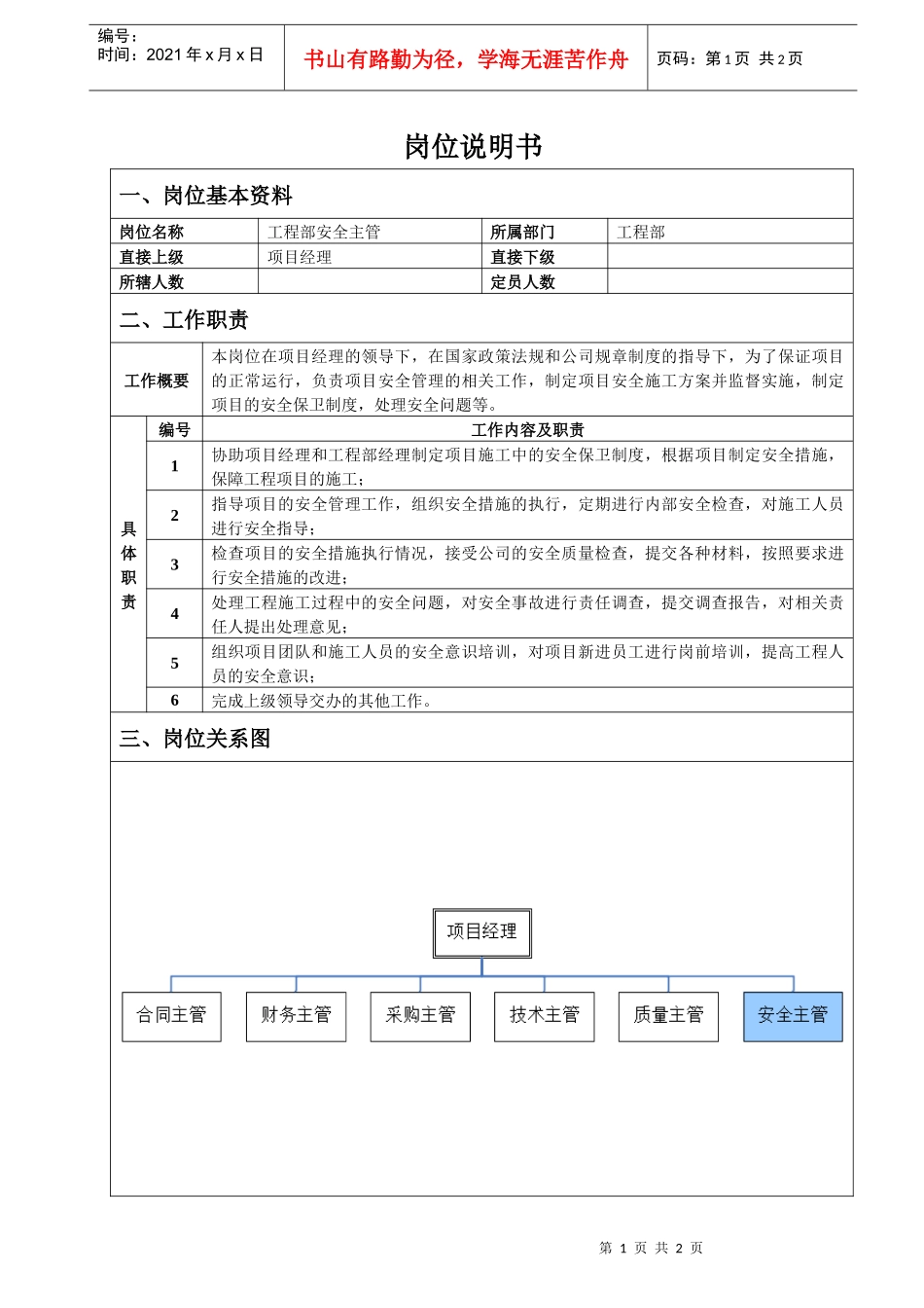 工程部安全主管岗位说明书_第1页