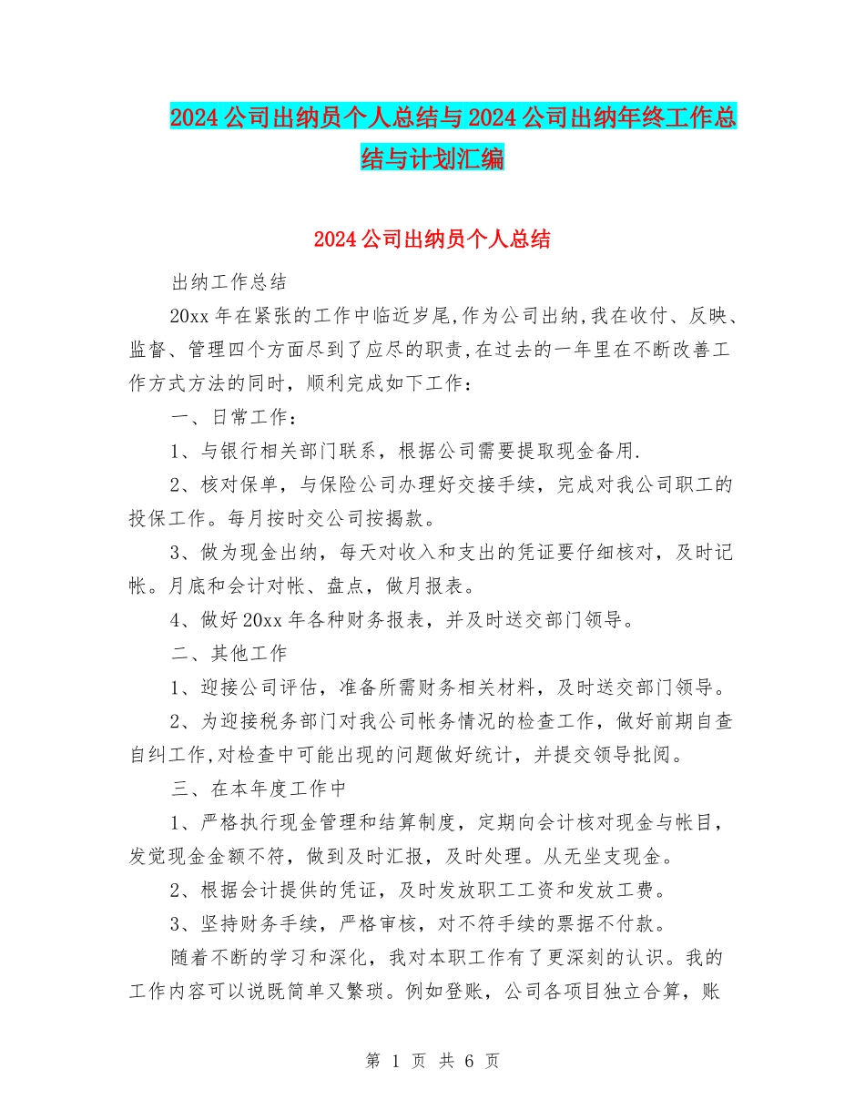 2024公司出纳员个人总结与2024公司出纳年终工作总结与计划汇编_第1页