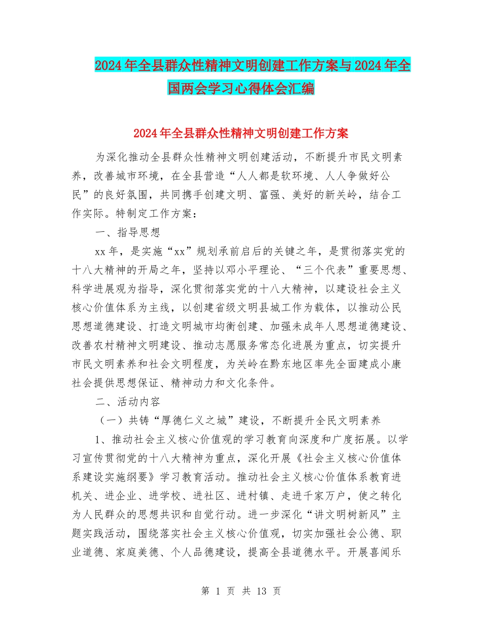 2024年全县群众性精神文明创建工作方案与2024年全国两会学习心得体会汇编_第1页