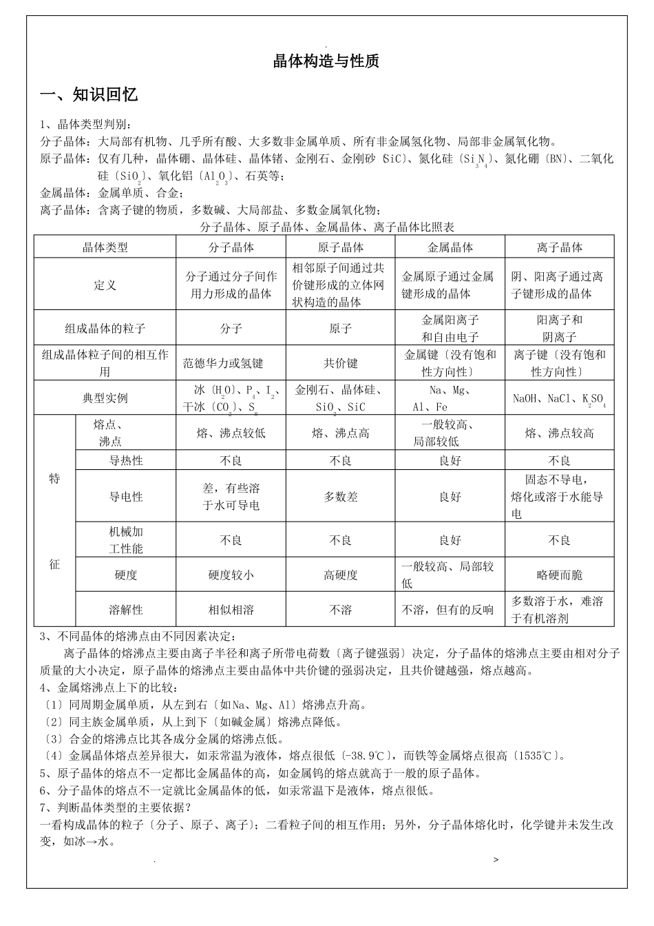 晶体结构及性质知识点和练习题_第1页