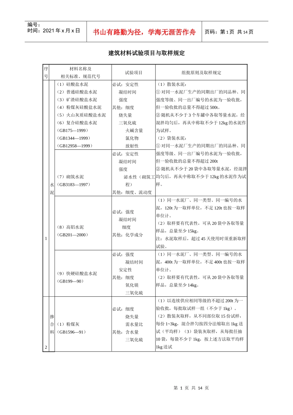 建筑材料试验项目与取样规定_第1页