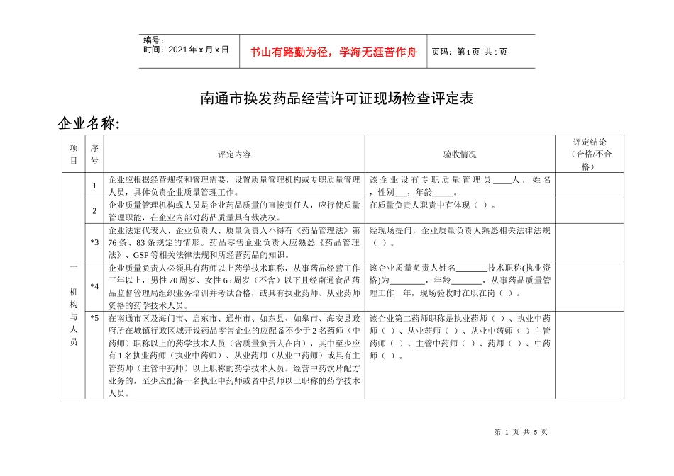 南通市开办药品零售企业现场验收评定表（试行）_第1页