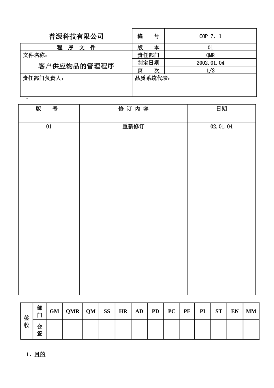 质量体系编写表格COP7-1_第1页