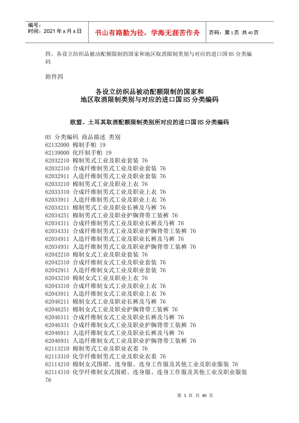 四、各设立纺织品被动配额限制的国家和地区取消限制类别与对应的_第1页