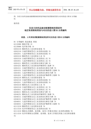 四、各设立纺织品被动配额限制的国家和地区取消限制类别与对应的