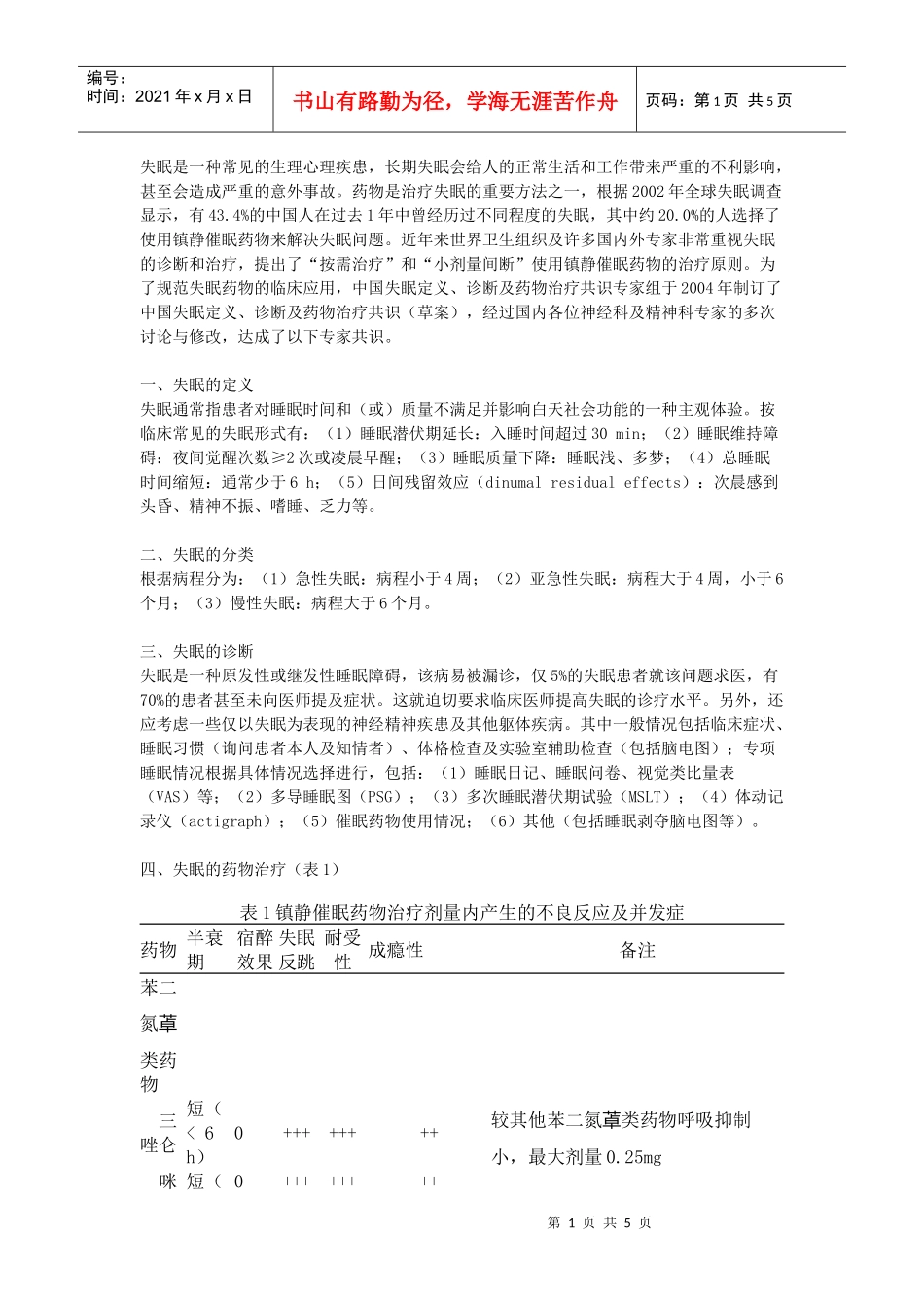 失眠定义、诊断及药物治疗专家共识（草案）_第1页