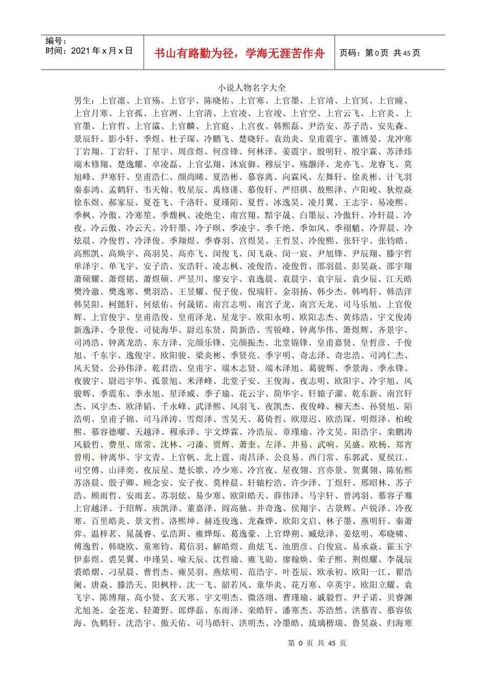 小说人物名字大全与服装_第1页